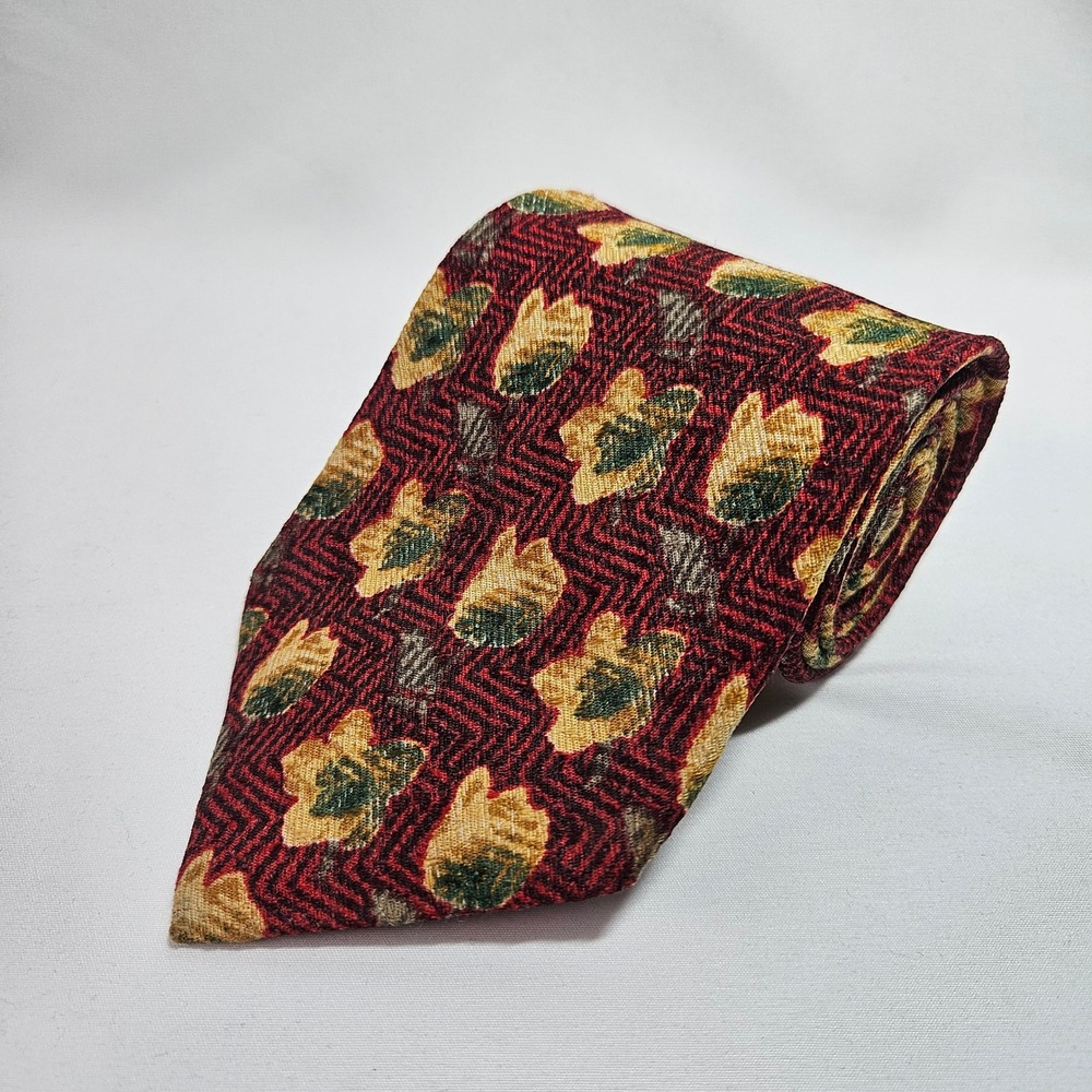 Ermenegildo Zegna Silk Tie Burgundy Gold Floral Leaf Herringbone Italy 4"x58"